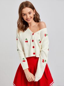 Cherry Embroidery Button Front Cardigan