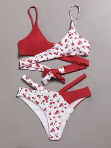 Cherry Print Wrap Bikini Swimsuit