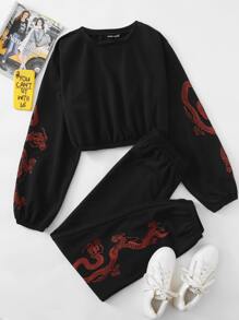 Chinese Dragon Graphic Crop Sweatshirt & Sweatpants