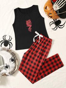 Chinese Dragon Graphic Tank Top & Gingham Print Pants PJ Set