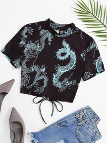 Chinese Dragon Print Backless Tee