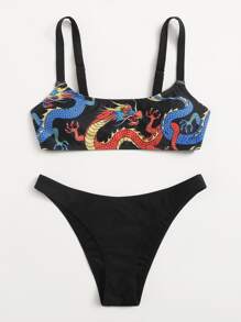 Chinese Dragon Print Bikini Swimsuit