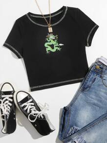 Chinese Dragon Print Crop Tee