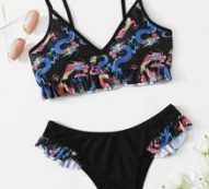 Chinese Dragon Print Ruffle Bikini Swimsuit