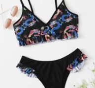 Chinese Dragon Print Ruffle Bikini Swimsuit