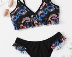 Chinese Dragon Print Ruffle Bikini Swimsuit
