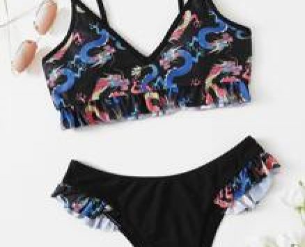 Chinese Dragon Print Ruffle Bikini Swimsuit