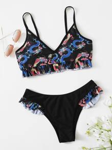 Chinese Dragon Print Ruffle Bikini Swimsuit