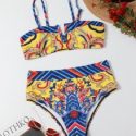 Chinese Dragon Print V Wired High Waist Bikini Swimsuit