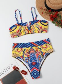 Chinese Dragon Print V Wired High Waist Bikini Swimsuit