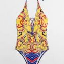 Chinese Pattern Lace Up One Piece Swimsuit