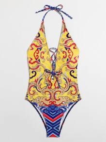 Chinese Pattern Lace Up One Piece Swimsuit