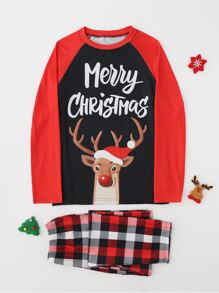 Christmas And Plaid Print 1pc Sleep Tee With 1pc Pants