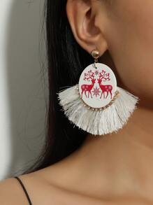 Christmas Elk Print Tassel Decor Earrings