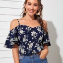 Cold Shoulder Botanical Print Top