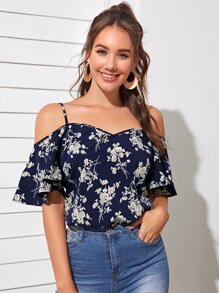 Cold Shoulder Botanical Print Top