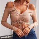 Cold Shoulder Ruched Drawstring Crop Top