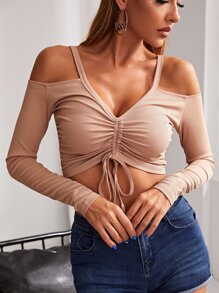 Cold Shoulder Ruched Drawstring Crop Top