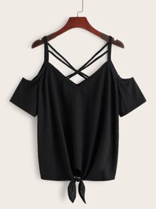 Cold Shoulder Strappy Neck Tie Hem Top