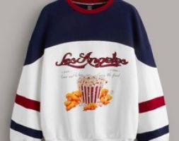 Color Block Slogan & Fried Chicken Print Drop Shoulder Pullover