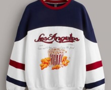 Color Block Slogan & Fried Chicken Print Drop Shoulder Pullover