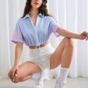 Color-block Striped Drop Shoulder Drawstring Hem Crop Blouse