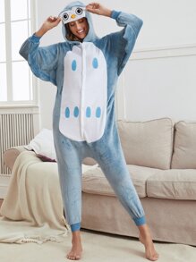 Colorblock 3D Design Hooded Flannel Sleep Jumpsuit