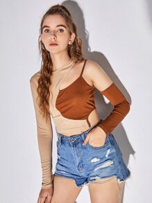 Colorblock Asymmetrical Shoulder Crop Tee