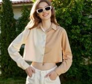 Colorblock Button Front Crop Blouse