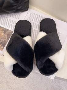 Colorblock Criss Cross Fluffy Slippers