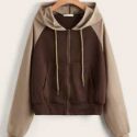 Colorblock Drawstring Zip Up Hoodie