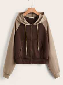 Colorblock Drawstring Zip Up Hoodie