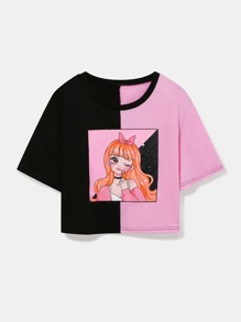 Colorblock Figure Graphic Crop Boxy Tee