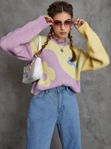 Colorblock Floral Pattern Drop Shoulder Sweater