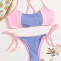 Colorblock Lace-up Back Bikini Swimsuit