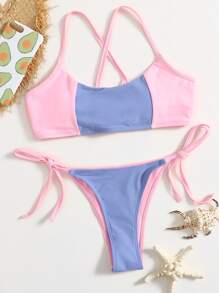 Colorblock Lace-up Back Bikini Swimsuit