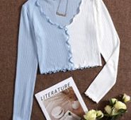 Colorblock Lettuce Trim Button Front Rib-knit Crop Tee