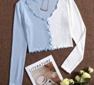 Colorblock Lettuce Trim Button Front Rib-knit Crop Tee