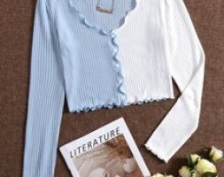 Colorblock Lettuce Trim Button Front Rib-knit Crop Tee