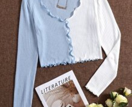 Colorblock Lettuce Trim Button Front Rib-knit Crop Tee