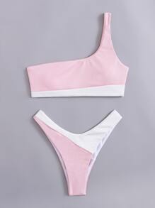 Colorblock One Shoulder Bikini Swimsuit