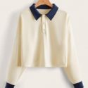 Colorblock Polo Crop Sweatshirt