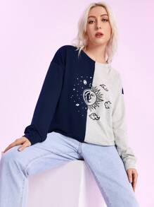 Colorblock Sun & Moon Print Sweatshirt