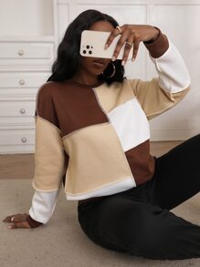 Colorblock Top-stitching Drop Shoulder Sweatshirt