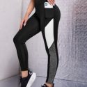 Colorblock Wide Band Waist Sports Leggings With Phone Pocket