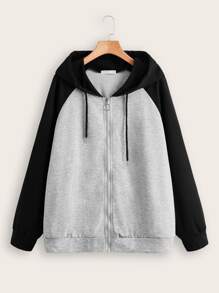 Colorblock Zip Up Drawstring Hoodie