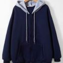 Colorblock Zip Up Drawstring Pocket Hoodie