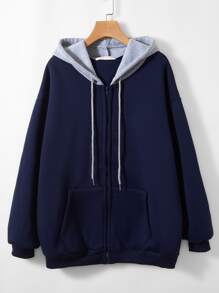 Colorblock Zip Up Drawstring Pocket Hoodie