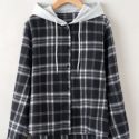 Colorblock & Plaid Print Hooded Blouse