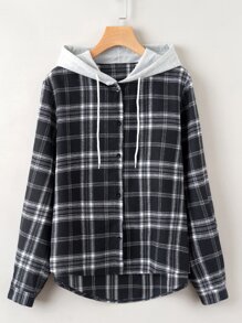 Colorblock & Plaid Print Hooded Blouse